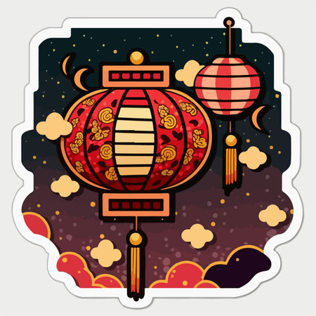 Chinese New Year card with lanterns and moon. vector illustration.のイラスト素材