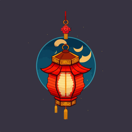 Vector illustration of chinese lantern with moon and stars on dark background.のイラスト素材