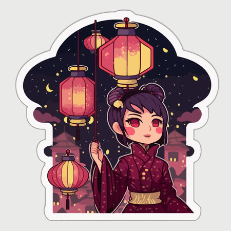 Beautiful Asian girl holding lanterns at night. vector illustration.のイラスト素材