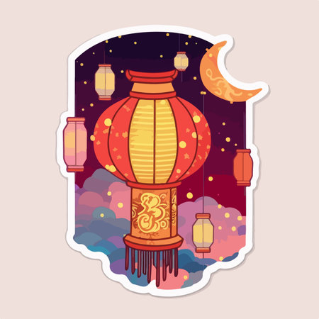 Lanterns in the night sky. Vector illustration in cartoon style.のイラスト素材