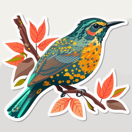 Illustration of a beautiful bird on a branch with autumn leaves.のイラスト素材