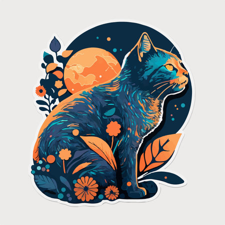 Cute cat with flowers, leaves and moon. vector illustration.のイラスト素材