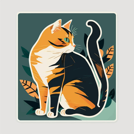 Vector illustration of a cat sitting on a green background with leaves.のイラスト素材