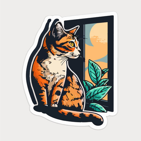 Cat sitting on the window and looking at the moon. vector illustration.のイラスト素材