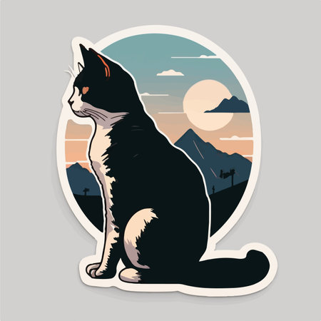 Vector illustration of a cat sitting on a background of mountains and skyのイラスト素材