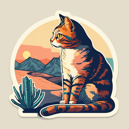 Vector illustration of a cat on a surfboard in the mountains.のイラスト素材