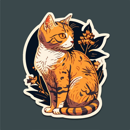 Vector illustration of a cat sitting on a branch with leaves in a circle.のイラスト素材