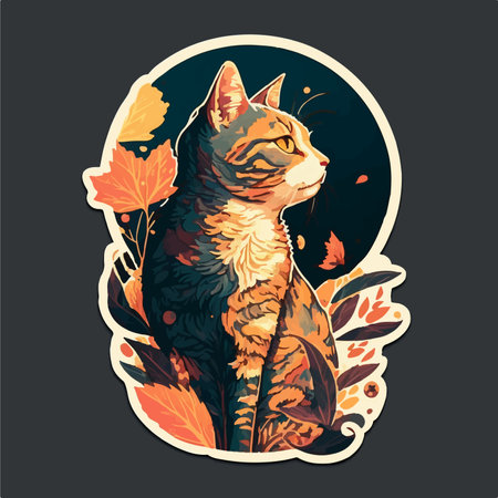 Cute cat with autumn leaves on dark background. vector illustration.のイラスト素材