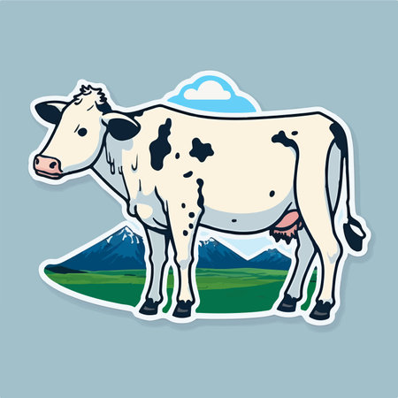 Illustration of a cow on a background of mountains and blue skyのイラスト素材