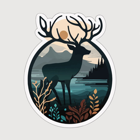 Vintage badge with silhouette of a deer on the background of the lake. vector illustrationのイラスト素材
