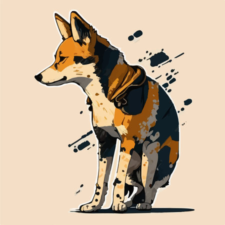 Vector illustration of a dog in a jacket with a collar on a beige backgroundのイラスト素材