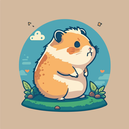 Cute hamster sitting on the grass. Vector illustration in cartoon style.のイラスト素材
