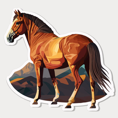 horse sticker. Vector illustration of a brown horse in the mountains.のイラスト素材
