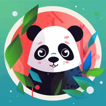 Cute cartoon panda vector illustration. Cute panda with leaves.のイラスト素材