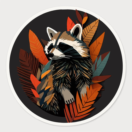 Vector illustration of a raccoon and autumn leaves in a circle.のイラスト素材