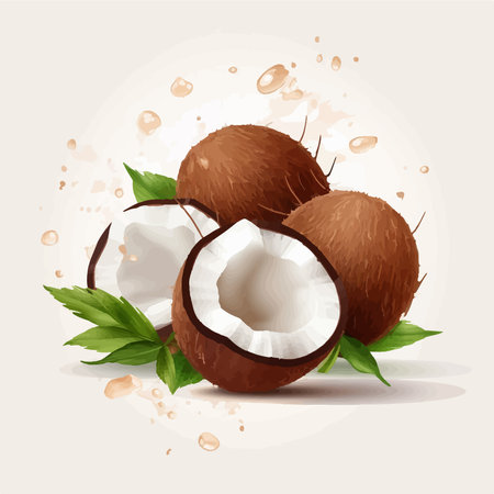 Coconut vector illustration. Whole and half coconut with leaves.のイラスト素材