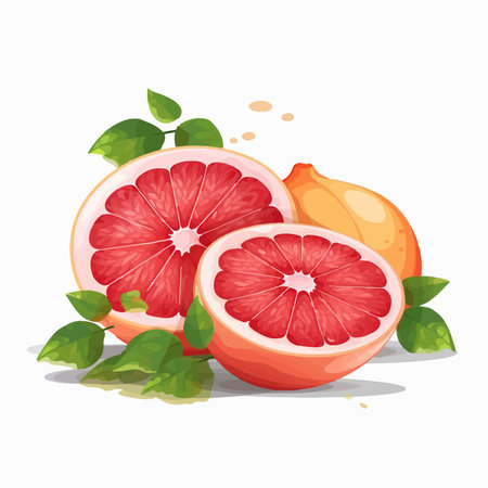 Grapefruit vector illustration isolated on white background. Juicy grapefruit with leaves.のイラスト素材
