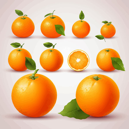 Set of orange fruit with green leaves and slices. vector illustration.のイラスト素材