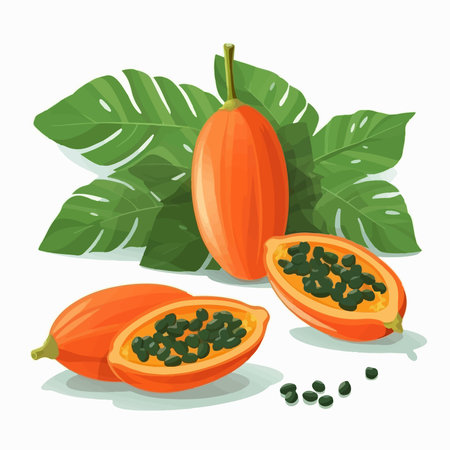 Papaya fruit and leaves isolated on white background. vector illustration.のイラスト素材