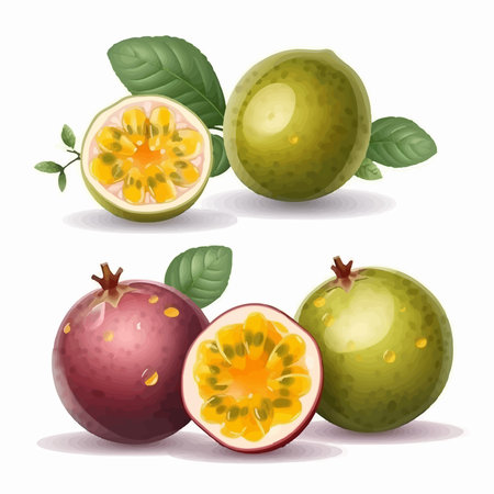 Passion fruit with leaves and slice isolated on white background. vector illustration.のイラスト素材