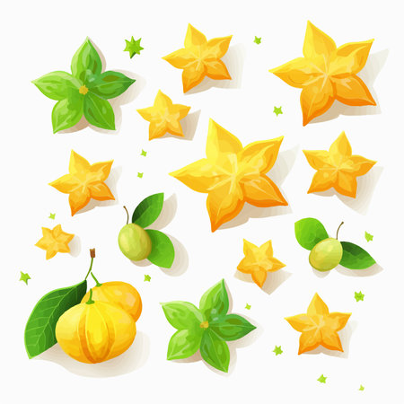 Star fruit icon set with starfruit and leaves isolated on white background vector illustrationのイラスト素材
