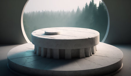 3d render of a round podium in the dark room with a beautiful landscapeの素材