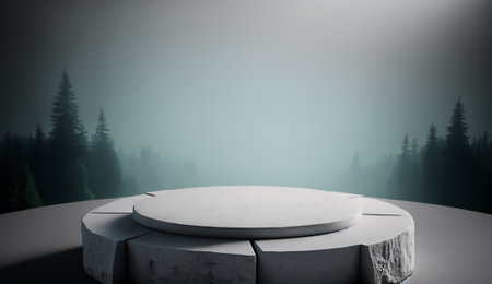 3d rendering of a round podium with a forest in the backgroundの素材
