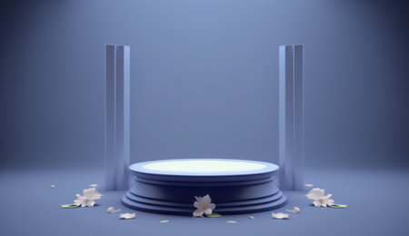3d render, abstract minimal scene with blue podium and white flower petals on blue backgroundの素材