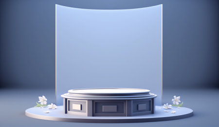 3d render of round podium on blue background. minimal scene.の素材