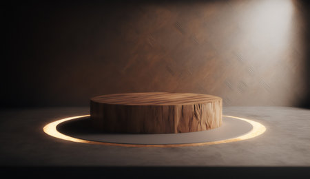 Wooden podium for product display in the dark room. 3d renderingの素材