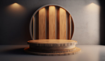 Wooden round podium in dark room interior. 3D Renderingの素材