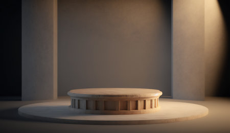 3d render of a round podium in a dark room with a shadow on the wallの素材