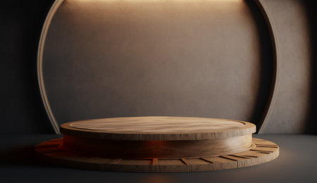 Wooden podium on dark background. Mockup, 3D Renderingの素材