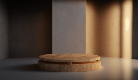 Wooden podium for product display in dark room. 3D renderingの写真素材