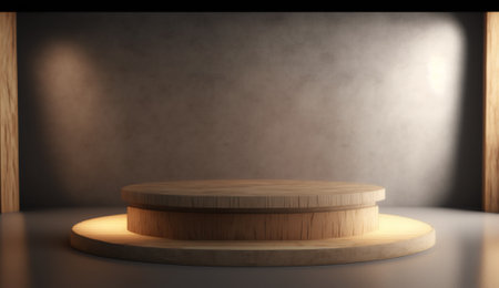 Wooden podium in dark room with spotlight. 3D rendering.の写真素材