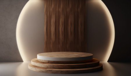 3d rendering of wooden podium for product presentation in dark room with shadow.の写真素材