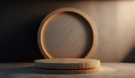 Wooden round podium for product display. 3d render illustration.の写真素材