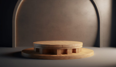 Round wooden podium on dark background. 3d render illustration mock up