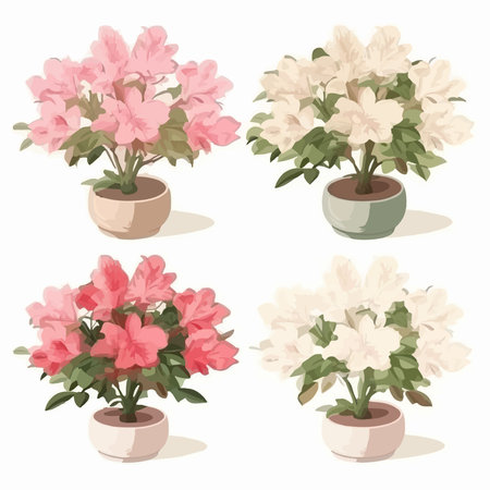 Azalea flowers in pots isolated on white background. vector illustration.のイラスト素材