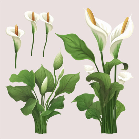Set of calla lilies with green leaves. vector illustration.のイラスト素材