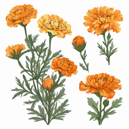 Marigold flowers. Hand drawn vector illustration isolated on white background.のイラスト素材