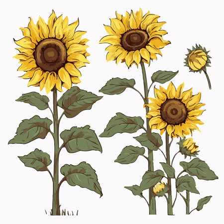 Sunflowers set, hand drawn vector illustration on white background.のイラスト素材