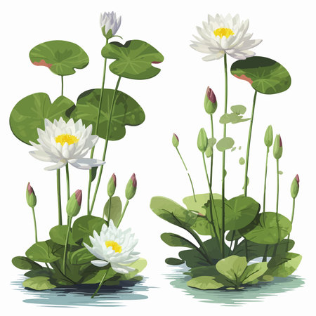 Water lily and lotus flowers isolated on white background. vector illustration.のイラスト素材