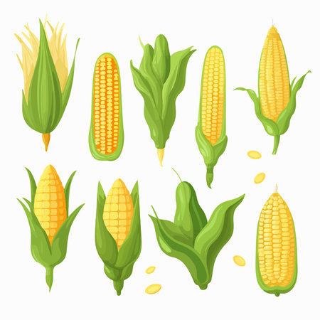 Set of corn cobs with leaves and seeds. vector illustration.のイラスト素材