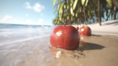 Red apples on a sandy beach with palm trees in the background.の素材