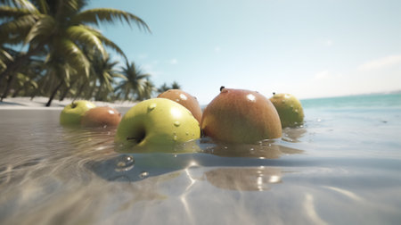 Green and red apples in the water with palm trees in the backgroundの素材