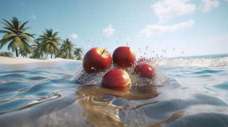 3d rendering of red apples floating in water with palm trees in the backgroundの素材