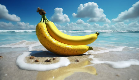 Bananas on the beach with the sea in the background. 3d renderingの素材