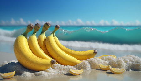 Bananas on the beach with sea background. 3d illustration.の素材
