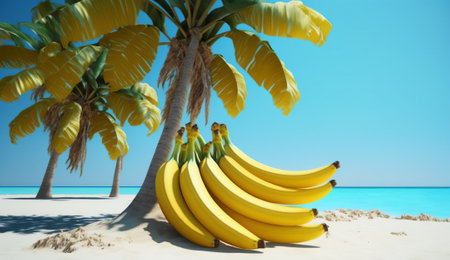 Bananas on a tropical beach with palm trees. 3d renderingの素材